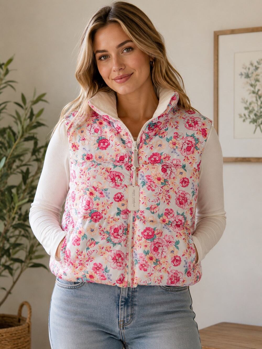 Simply Southern Cropped Puffer Vest Womens Size L Pink Floral Preppy Hiking NEW